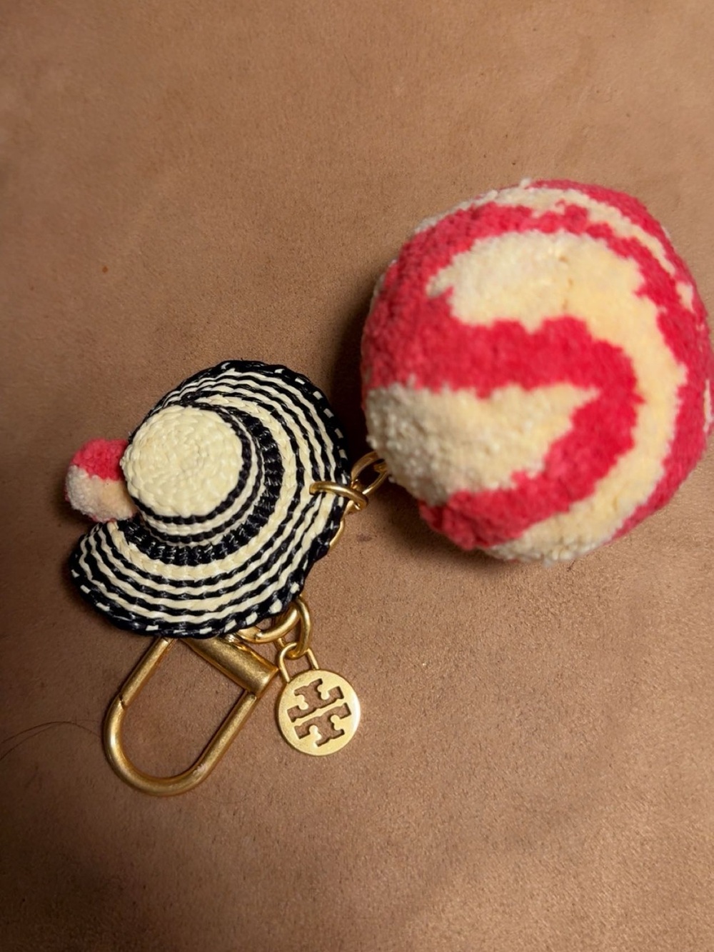 Tory Burch Black & Cream Straw Hat Keychain with Pink-Cream Pom